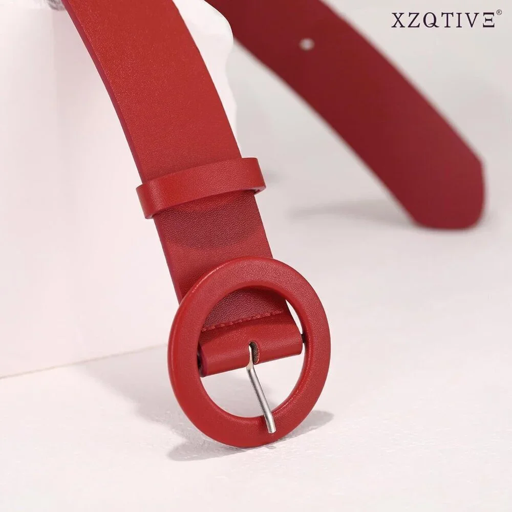 Women's PU Leather Wide Belt with Round Candy Color Buckle for Jeans Dresses